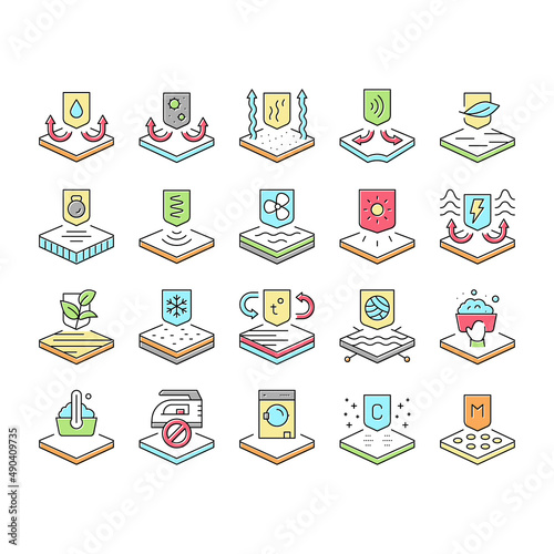 Fabrics Properties Collection Icons Set Vector .