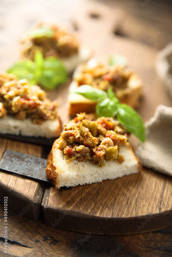 Homemade bruschetta with olive tapenade