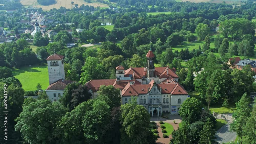 Aerial drone flight over a little village in the east of Germany waldenburg