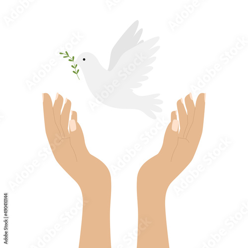 Raised human hands releasing a white dove, a symbol of peace. A flying bird of peace. Color illustration in a flat style isolated on a white background