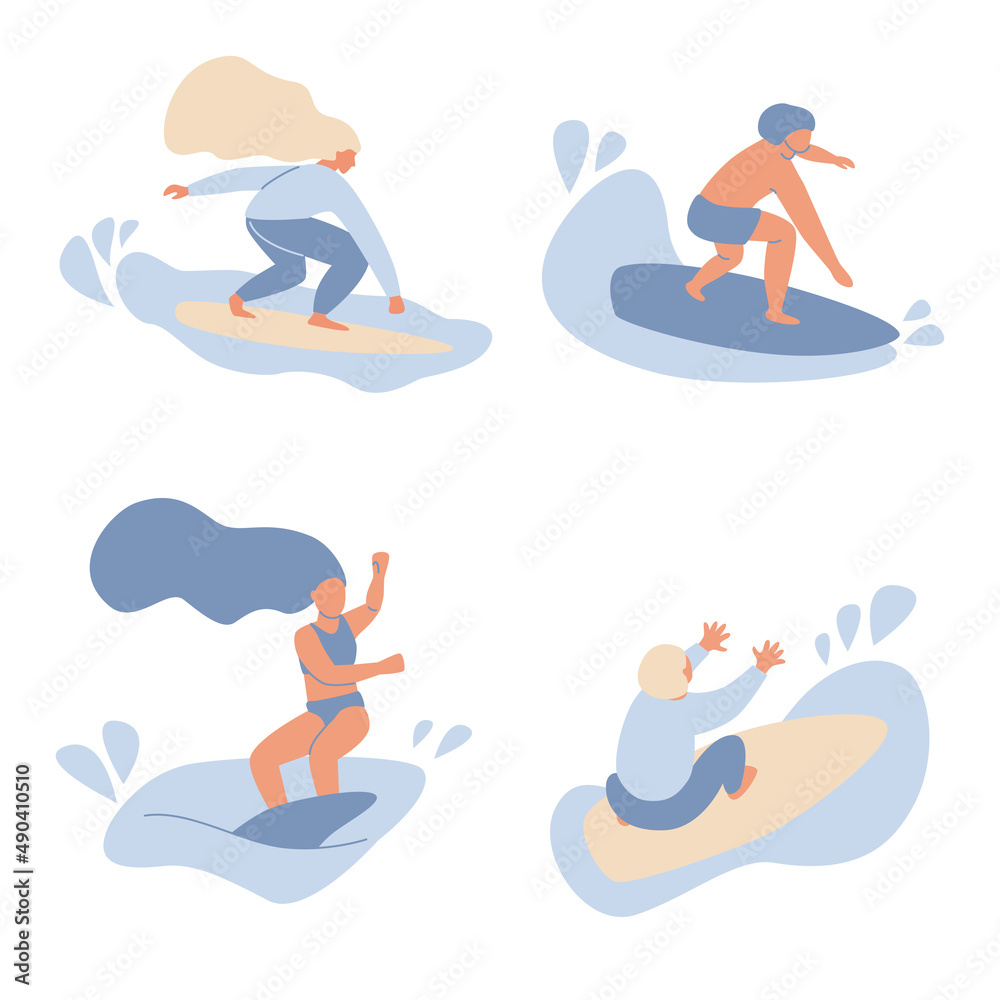 Flat style surfers color simple silhouettes with waves set of surfing man and woman with long hair. Minimalism design of wave riders in different poses