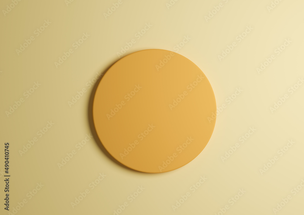 3D illustration of a yellow circle podium or stand top view flat lay product display minimal, simple white or light gray background with copy space for text 