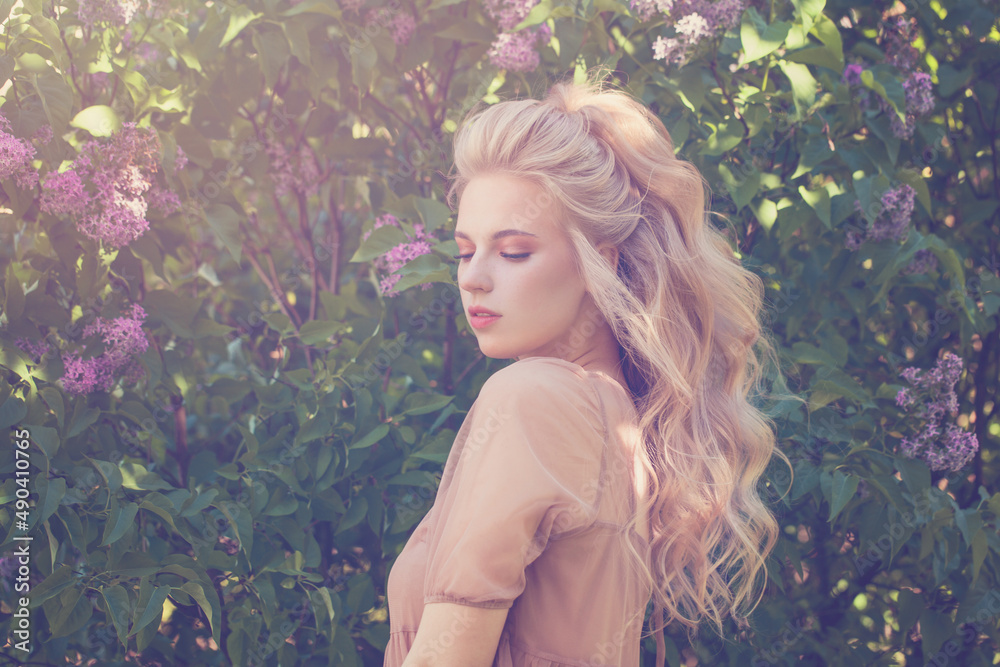 Healthy model in may flowers, springtime