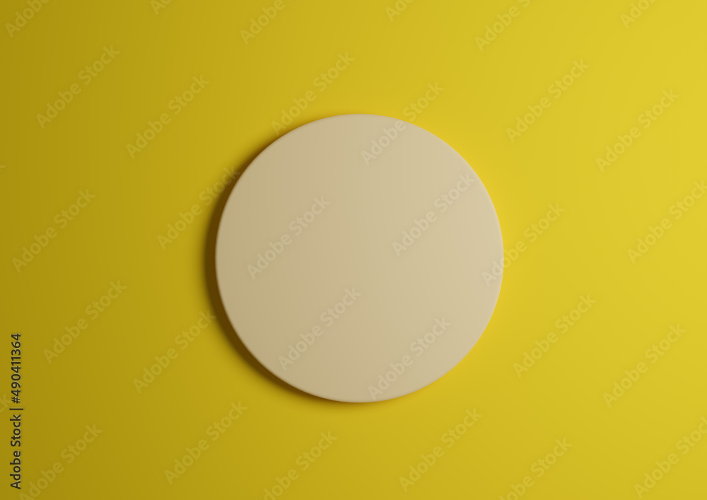 3D illustration of a light, pastel yellow circle podium or stand top view flat lay product display minimal, simple bright yellow background with copy space for text 