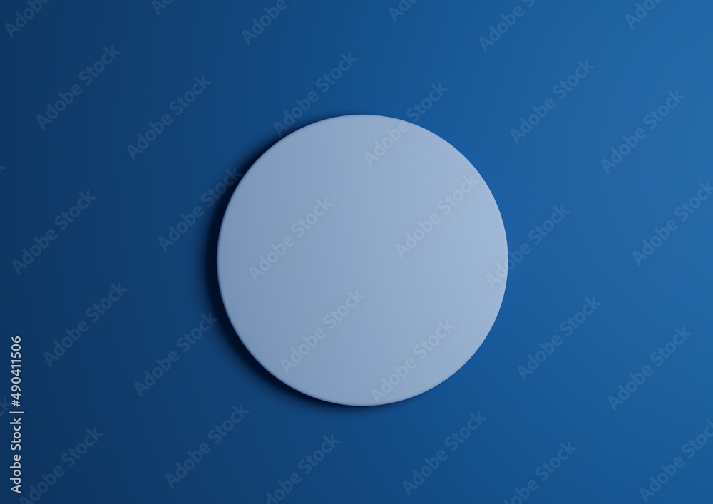 3D illustration of a light, pastel blue circle podium or stand top view flat lay product display minimal, simple dark bright blue background with copy space for text 