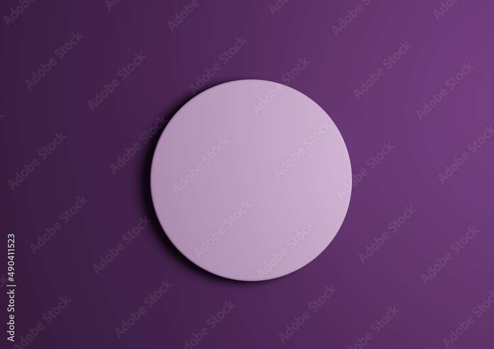 3D illustration of a light, pastel, purple circle podium or stand top view flat lay product display minimal, simple bright, dark purple background with copy space for text 