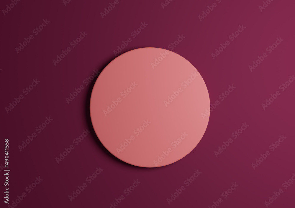 3D illustration of a light orange circle podium or stand top view flat lay product display minimal, simple dark magenta purple background with copy space for text 