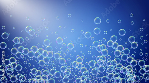 Soap bubble. Detergent bath foam and suds for bathtub. Shampoo. 3d vector illustration flyer. Aqua fizz and splash. Realistic water frame and border. Blue colorful liquid soap bubble.