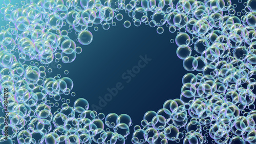 Shampoo bubble. Detergent bath foam, suds and soap for bathtub. 3d vector illustration template. Aqua fizz and splash. Realistic water frame and border. Blue colorful liquid shampoo bubble.