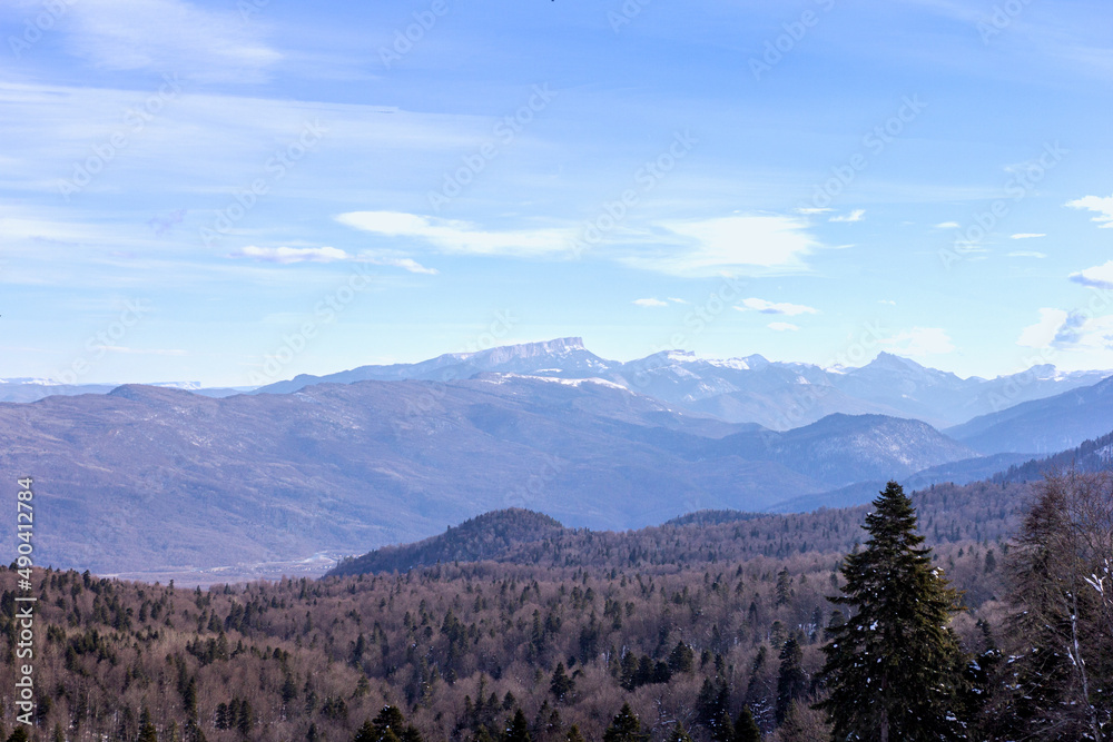 winter, mountain panorama, snow-covered forest and outdoor walks...