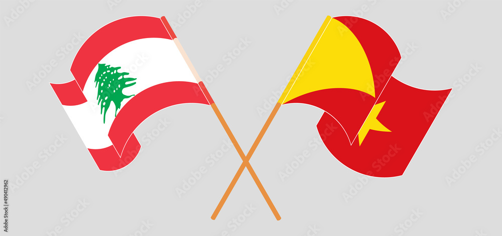 Crossed and waving flags of the Lebanon and Tigray