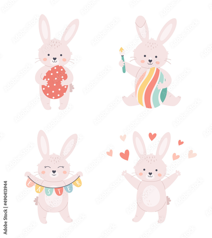 Easter bunnies collection. Bunny with Easter eggs. Happy Easter. Hand drawn vector illustration Easter bunnies collection. Bunny with Easter eggs. Happy Easter. Hand drawn vector illustration