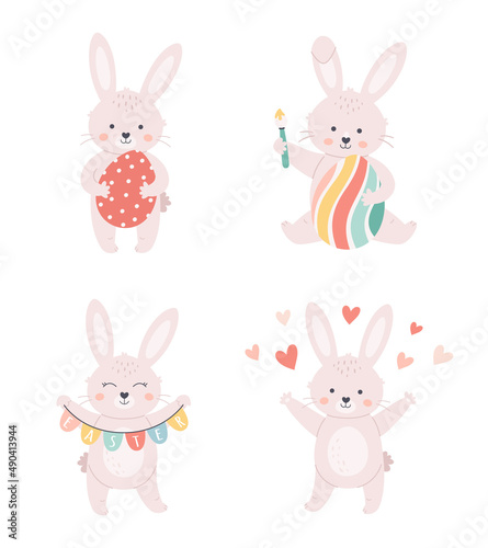 Easter bunnies collection. Bunny with Easter eggs. Happy Easter. Hand drawn vector illustration
