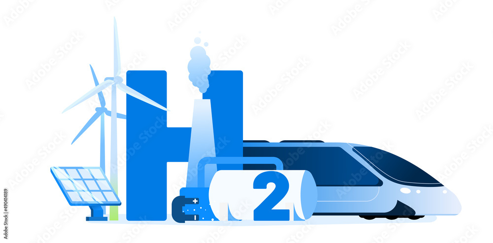 Hydrogen vehicle vector illustration concept. Alternative energy source. Wind turbine, train, fuel tank and big text H2. Template for website banner, advertising campaign or news article. Hydrogen vehicle vector illustration concept. Alternative energy source. Wind turbine, train, fuel tank and big text H2. Template for website banner, advertising campaign or news article.