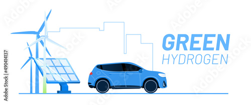 Hydrogen car vector illustration concept. Alternative and renewable energy source. Wind turbine, car, fuel tank and. Template for website banner, advertising campaign or news article.
