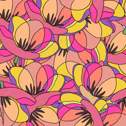 Spring colorful vector illustration with rainbow tulips. Cartoon style. Design for fabric, textile, paper. Holiday print for Easter, Birthday, 8 March. Flowers with leaves