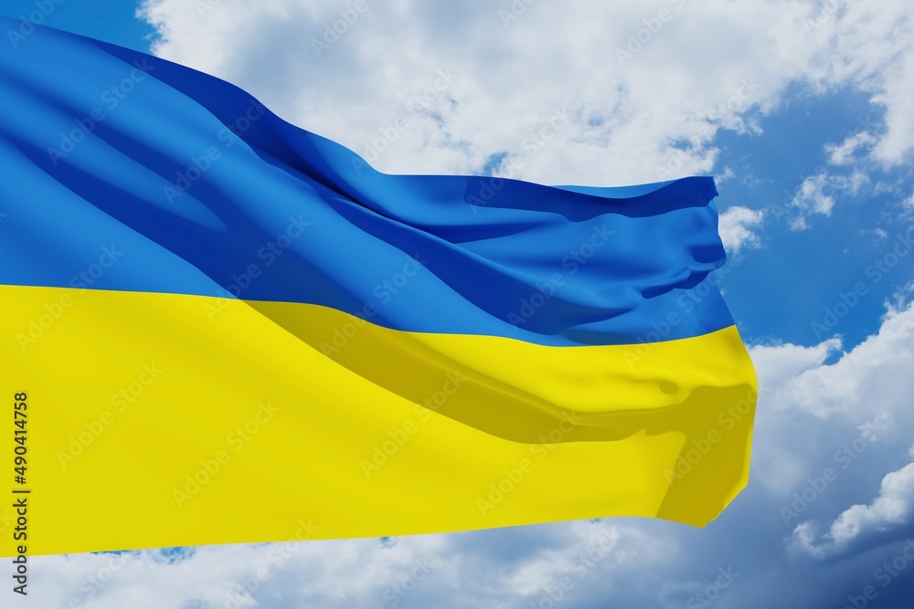 Ukraine flag on the blue sky. Close up waving flag of Ukraine. Flag symbols of Ukraine. 3d rendering. Ukraine flag on the blue sky. Close up waving flag of Ukraine. Flag symbols of Ukraine. 3d rendering.