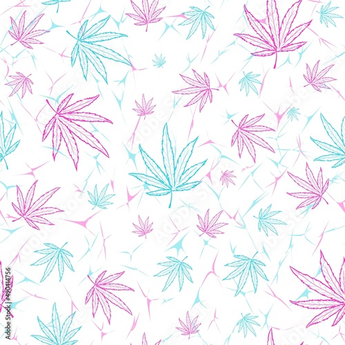 Ganja and rasta seamless pattern with neon pink and blue marijuana leaves. Repeat background with narcotic and psychedelic cannabis and hemp.