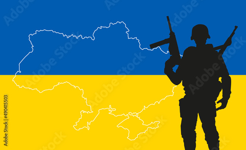Ukraine solder with flag and map photo