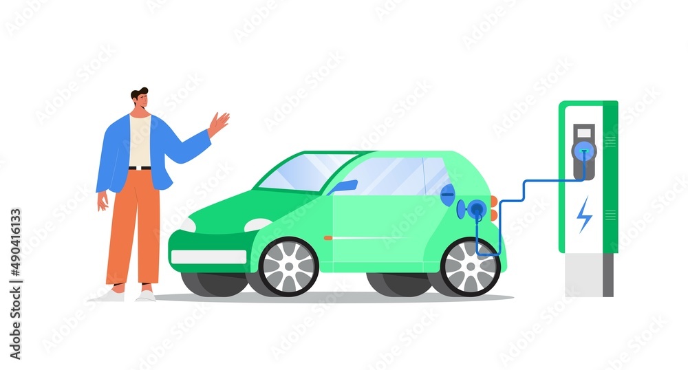 Man recharging electric car at the station. Concept of alternative fuel and energy, environment protection. Man recharging electric car at the station. Concept of alternative fuel and energy, environment protection.