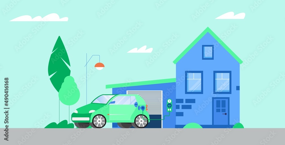 Charging electric car battery at home recharge station. Alternative energy car, modern vehicle, eco and green energy concept. Flat vector illustration.