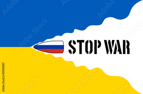 Concept stop the war in Ukraine. Ukrainian flag torn by AK 47 bullets from Russia. Vector illustration.