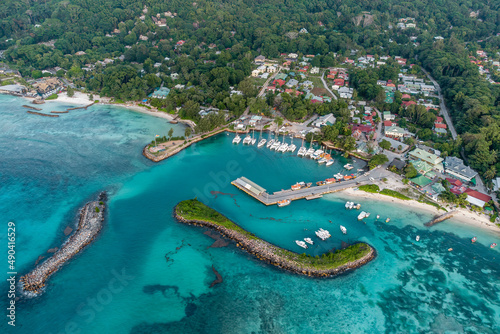 Aerial view of the boat marina on a beautiful sunny day, La Passe, La Digue island, Seychelles