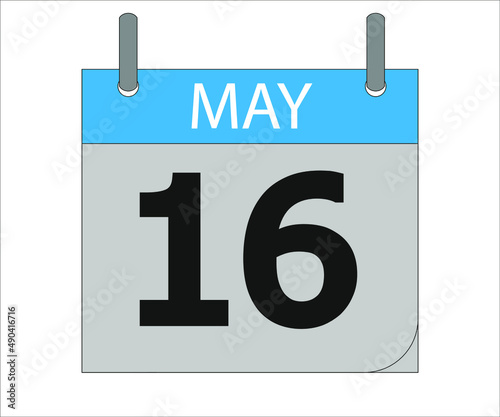 May 16st. Calendar icon. Month, date, year, holidays, week and weekend.