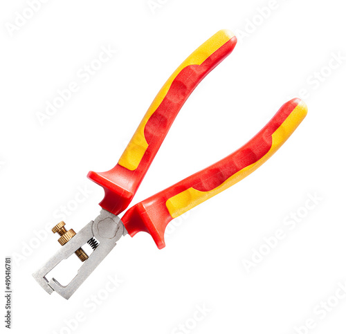 Construction Electric Tools Wire Strippers With Insulated Red Handles Isolated On White