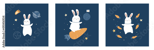 Greeting cards with space rabbits, planets, stars, rocket and carrots. Cute cartoon bunny. Perfect for t-shirt design, greeting cards, banners and posters. Vector illustration.