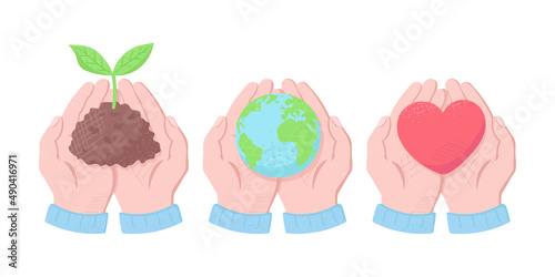 植物の新芽、地球、ハート、両手で大切に持つイラスト　ベクターイラスト　環境問題、世界平和、エコロジー