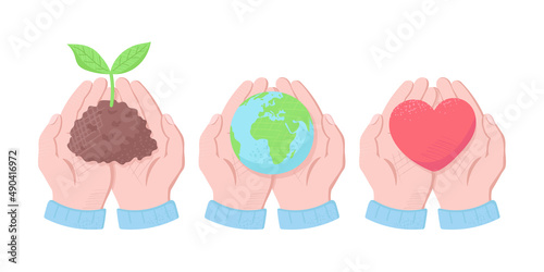 植物の新芽、地球、ハート、両手で大切に持つイラスト　ベクターイラスト　環境問題、世界平和、エコロジー