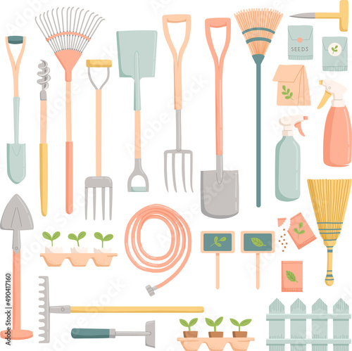Spring garden tools set, flat design, vector