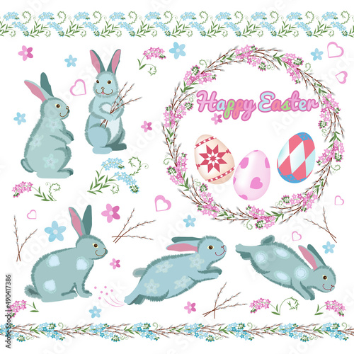 Easter set with rabbits and eggs. Easter wreath. Seamless floral border.