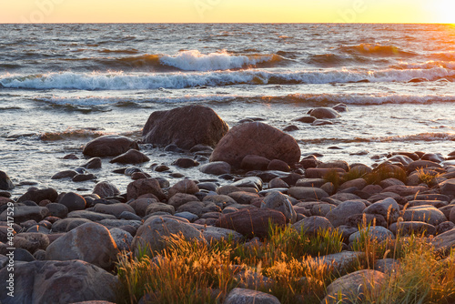 Sunset over the Baltic sea. Rocky shore of Purekkari neem, the Northernmost location of Estonian mainland