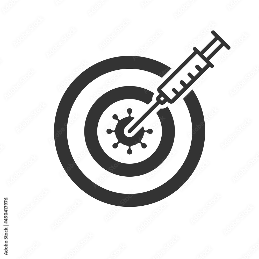 Syringe with covid vaccine hits in the virus. Target virus. Vaccination concept. Vector illustration. Syringe with covid vaccine hits in the virus. Target virus. Vaccination concept. Vector illustration.