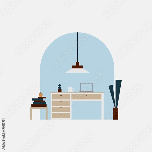 Minimalistic interior design concept of cabinet workspace, home office for study or work with desk, laptop, window, books, plants, coffee cup and lamp, isolated flat vector