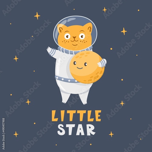 Cute vector print for kids clothes. Astronaut cat flies in space. Near the moon and stars. Lettering, the inscription little star