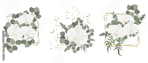 Vector flower set for wedding design. White orchid, eucalyptus, plants, leaves, golden elements. Flowers on a white background