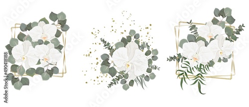 Vector flower set for wedding design. White orchid, eucalyptus, plants, leaves, golden elements. Flowers on a white background