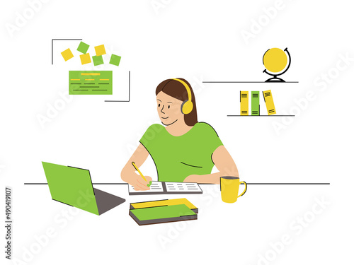a dark-skinned girl sits at a table in a green t-shirt, yellow headphones works at a laptop. The student studies online. Behind a shelf with books and a globe.Caracter