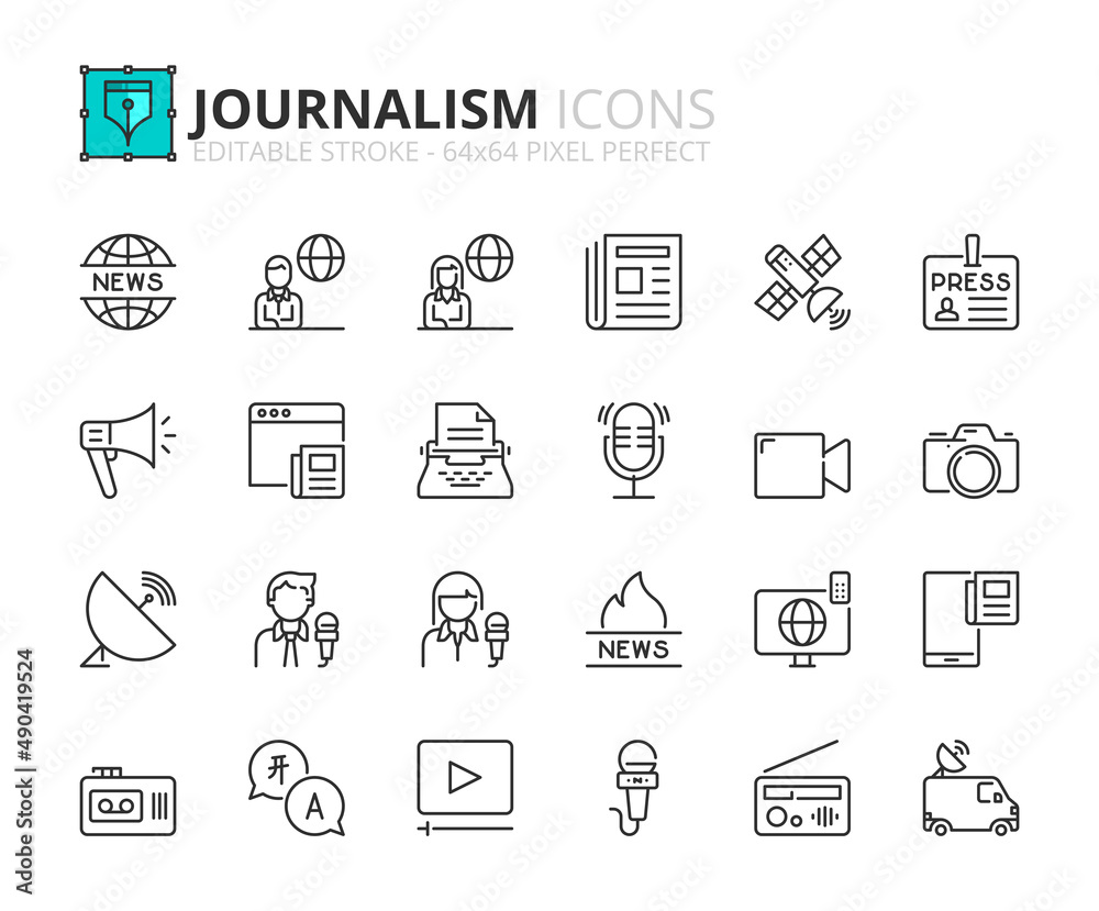 Simple set of outline icons about journalism and news. - obrazy, fototapety, plakaty 