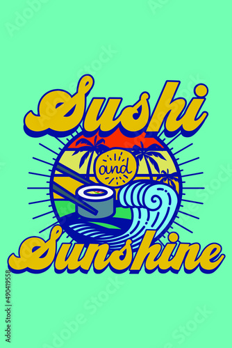 Sushi and Sunshine, Beach Sunrise, Vintage Sunset, palm trees, Chopsticks, wave, groovy typography, summer season break, sea, vacation, holiday, trip, asian Japanese food