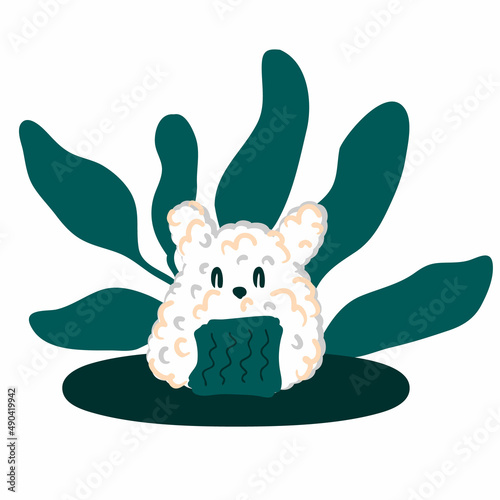 Hand drawn animalistic onigiri with cute bunny face. Perfect for T-shirt, poster and print. Doodle vector illustration for decor and design.