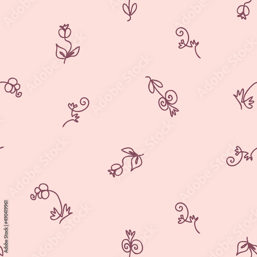 Single line drawn seamless pattern with flowers and berries. Perfect for T-shirt, postcard, party invitation and print. Doodle vector illustration for decor and design.