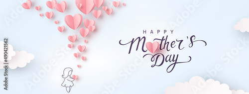 Mother's day postcard with paper flying elements, girl and balloons on blue sky background. Vector symbols of love in shape of heart for mum greeting card design