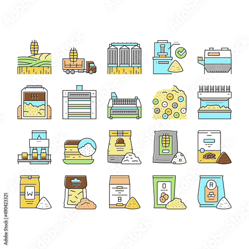 Flour Factory Industry Production Icons Set Vector .
