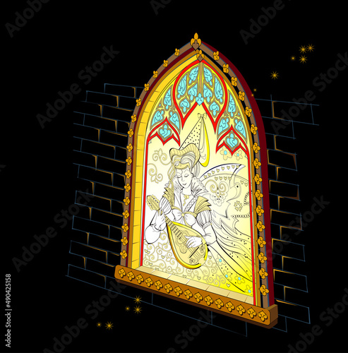 Drawing of beautiful princess playing mandolin near gothic stained glass window. Cover for children fairy tale book or background for kids poster. Fantasy illustration of medieval fairyland kingdom.