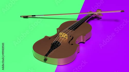 Brown-Gold classic violin on green-purple blue plane under spot lighting background. 3D sketch design and illustration. 3D high quality rendering.