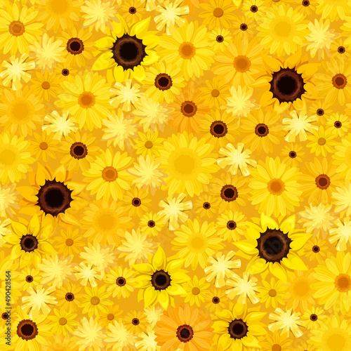 Vector seamless background with yellow sunflowers, gerbera, and dandelion flo...